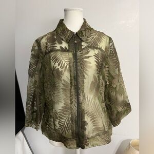Allison Daley Petite Sheer Leaf Print Blouse Zip Front Green Size 12P